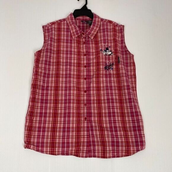 VTG Mickey Unlimited Disney Size 26/28 Women Top Red Plaid Embroidered sleeveles - Picture 13 of 13